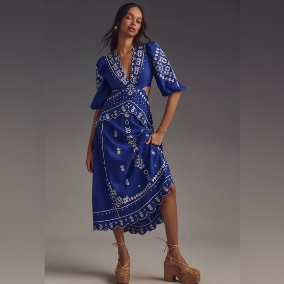 FARM Rio Dresses & Skirts - NWT Farm Rio Embroidered Puff-Sleeve Cutout Midi Dress